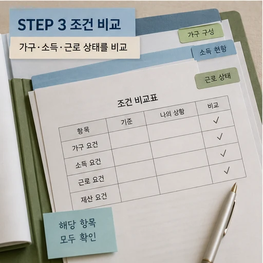 근로장려금 가구·소득·근로 상태 조건을 비교하는 표 이미지