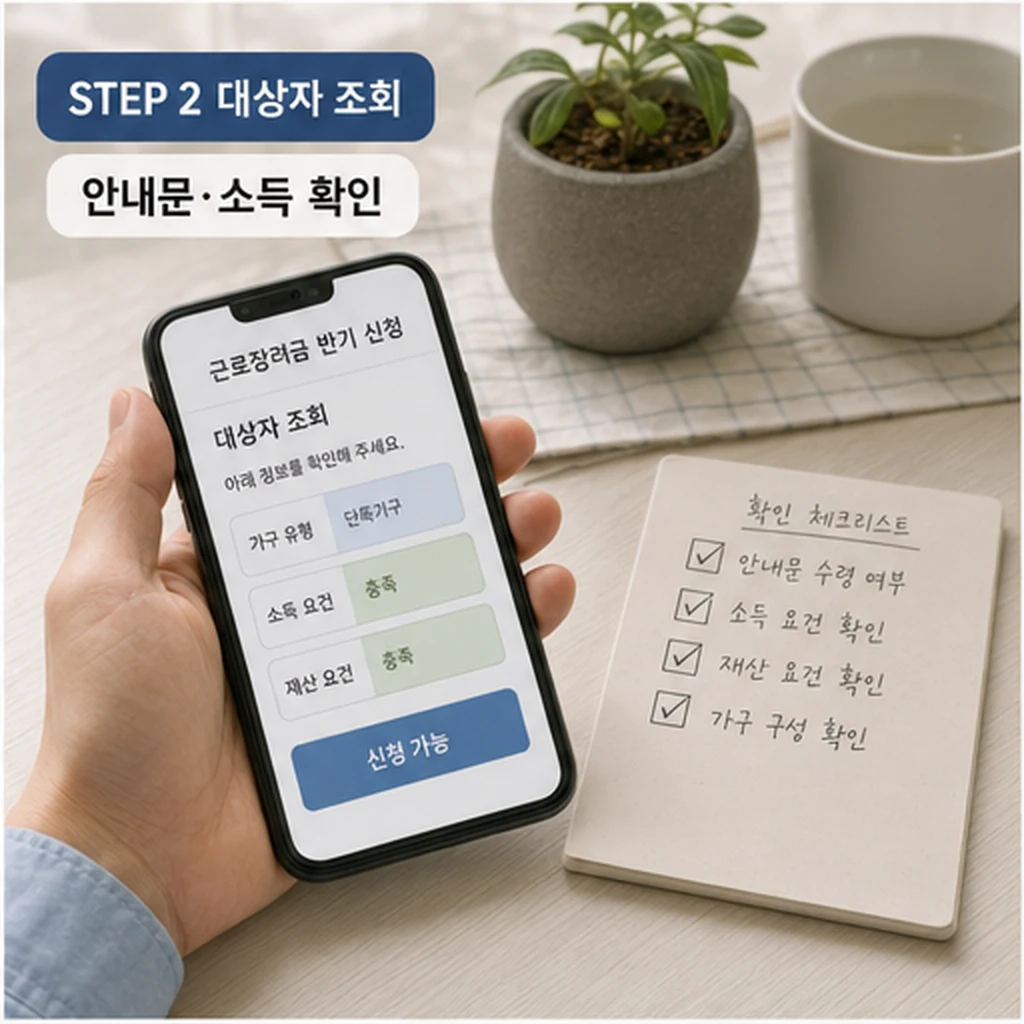 근로장려금 대상자 조회와 소득 확인 절차를 스마트폰으로 확인하는 이미지