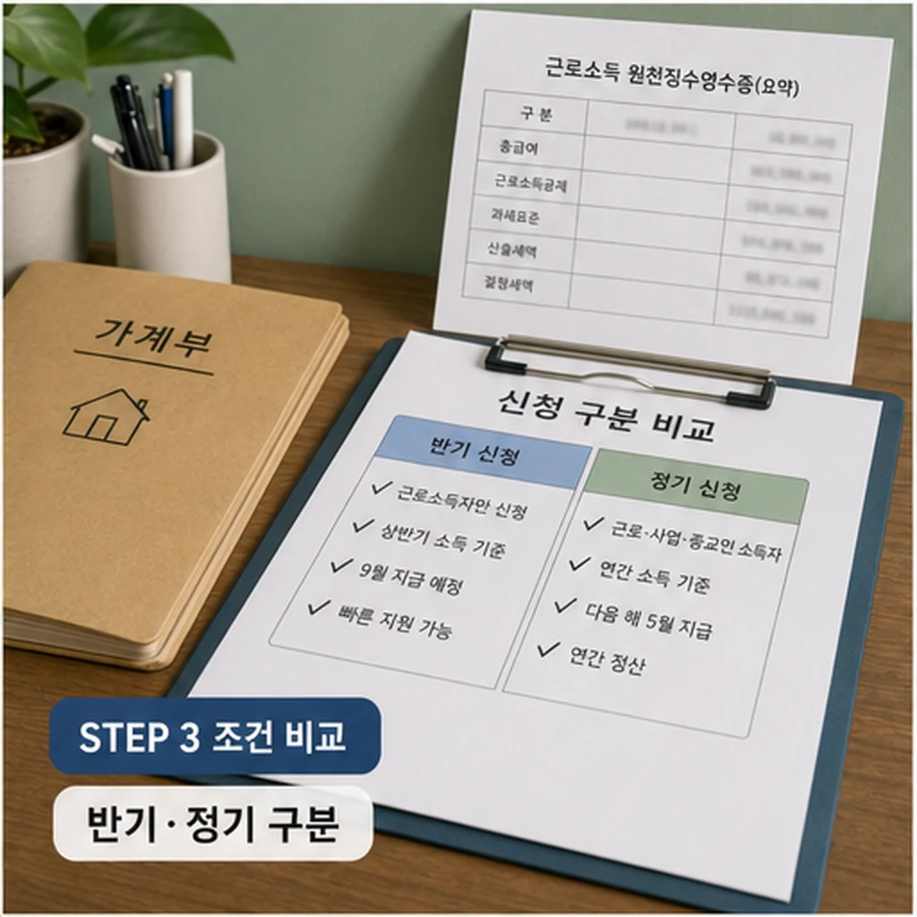 근로장려금 반기 신청과 정기 신청 조건을 비교하는 체크리스트 이미지