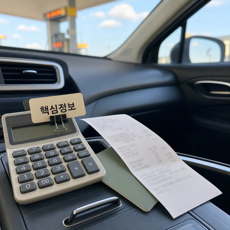 우리은행 정부 주유지원금 핵심 정보를 확인하는 계산기와 영수증 이미지
