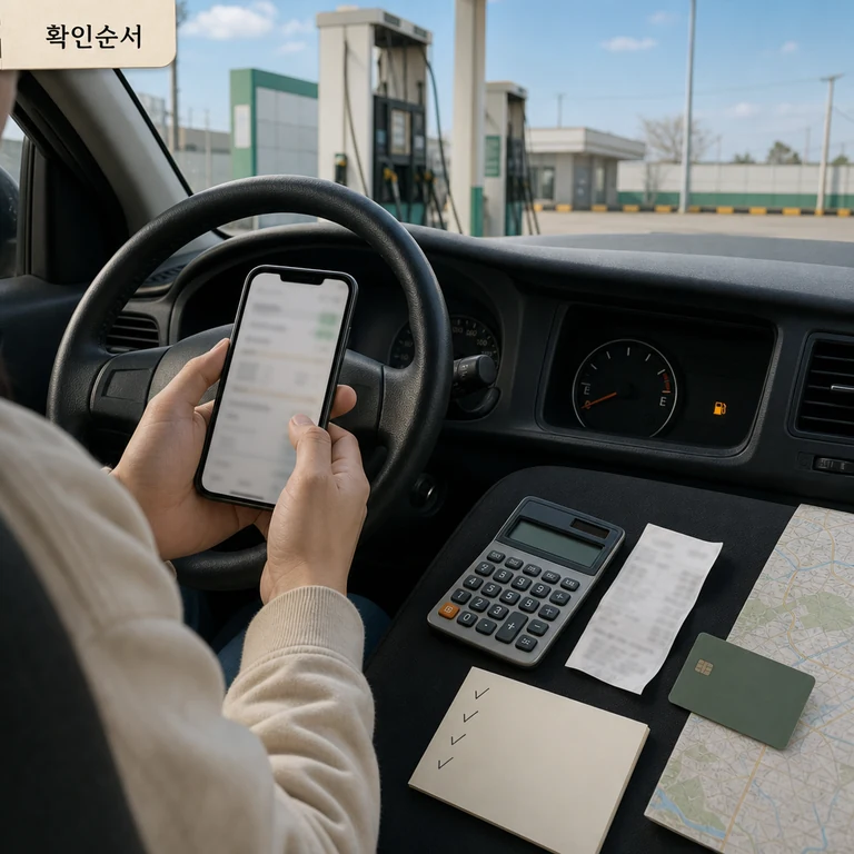 우리은행 정부 주유지원금 한도와 수수료 조건을 점검하는 스마트폰과 문서 이미지