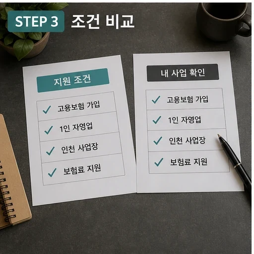 인천시, ‘1인 자영업자 고용보험료’ 지원 4월 1일부터 신청 자주 묻는 질문 정리 본문 이미지 3 - STEP 3 조건 비교