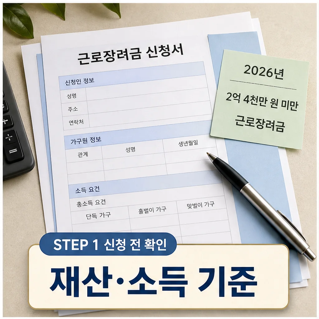 근로장려금 신청 전 재산 소득 기준을 확인하는 서류 이미지