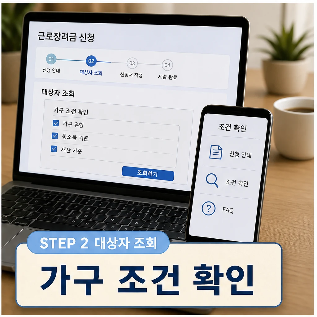 근로장려금 대상자 조회와 가구 조건 확인 이미지