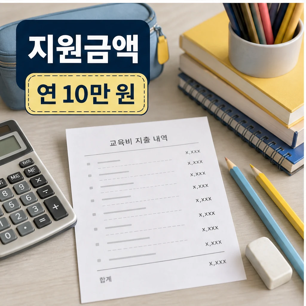 연 10만 원 교육비 지원 금액과 학용품 준비 이미지