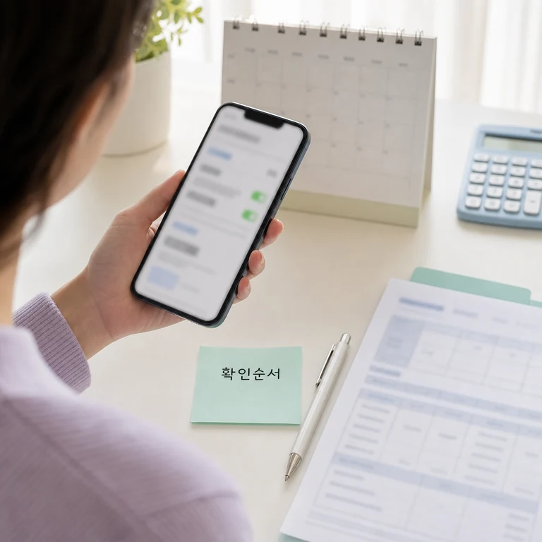 고용보험 조건과 비용 확인 순서를 살펴보는 스마트폰과 서류 이미지