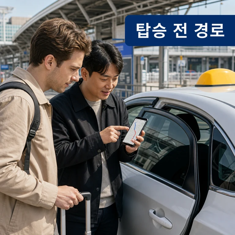외국인 승객이 택시 탑승 전 경로를 확인하는 이미지