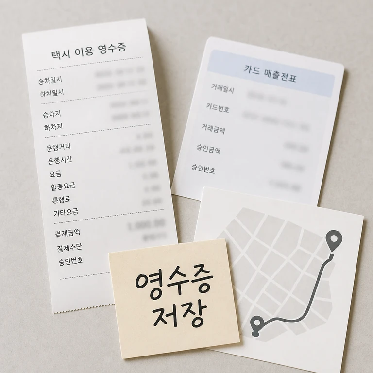 택시요금 신고를 위해 영수증과 결제 기록을 저장하는 이미지