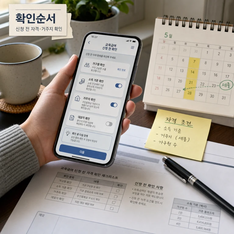 교육급여 신청 전 확인 순서를 스마트폰과 서류로 살펴보는 이미지