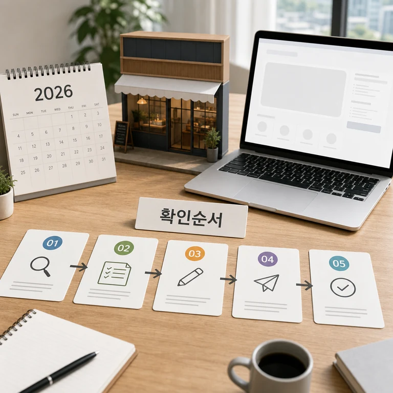 모두의 창업 확인 순서를 일정표와 단계 카드로 보여주는 이미지