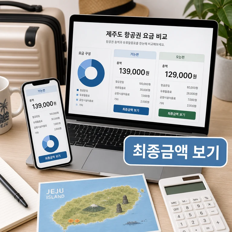 제주 항공권 최종금액을 스마트폰과 계산기로 확인하는 이미지