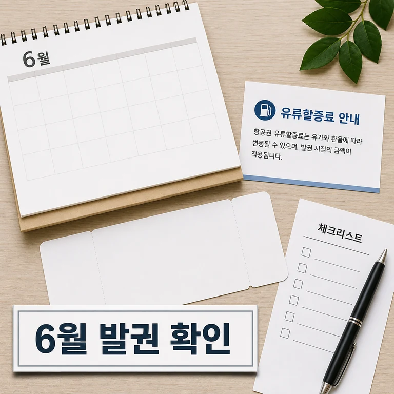 6월 국내선 발권 전 유류할증료를 달력과 항공권으로 확인하는 이미지