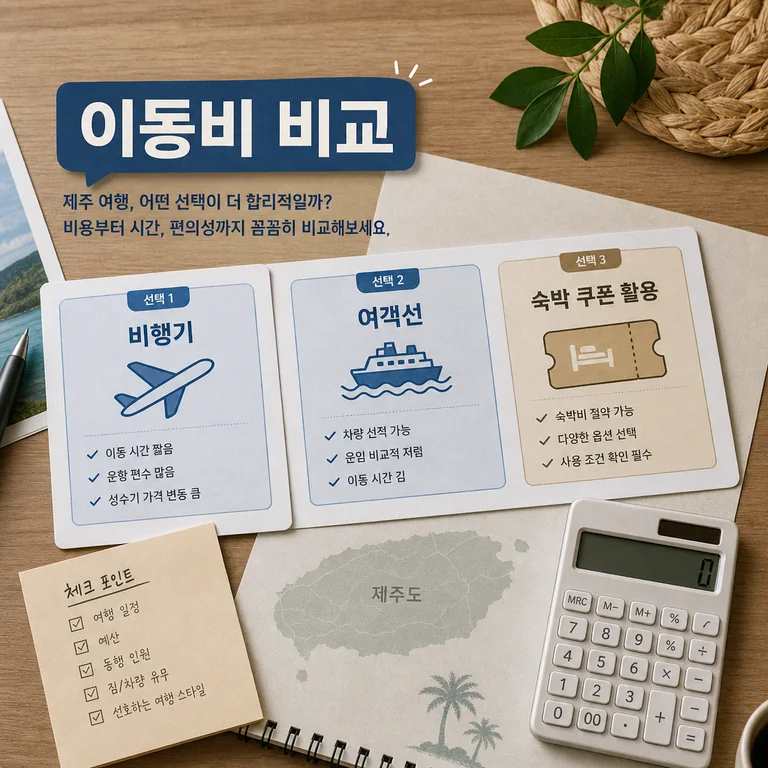 제주 여행 이동비와 숙박 할인 조건을 함께 비교하는 이미지