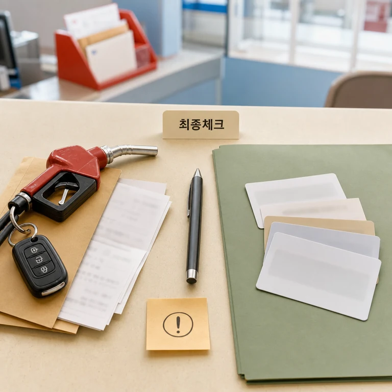 우체국 정부 주유지원금 신청 전 체크리스트를 살펴보는 주유 노즐과 서류 이미지
