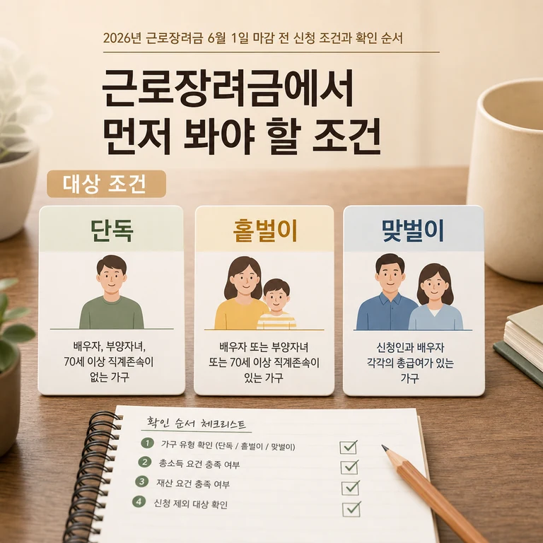 근로장려금 단독·홑벌이·맞벌이 대상 조건을 비교해 보는 안내 이미지