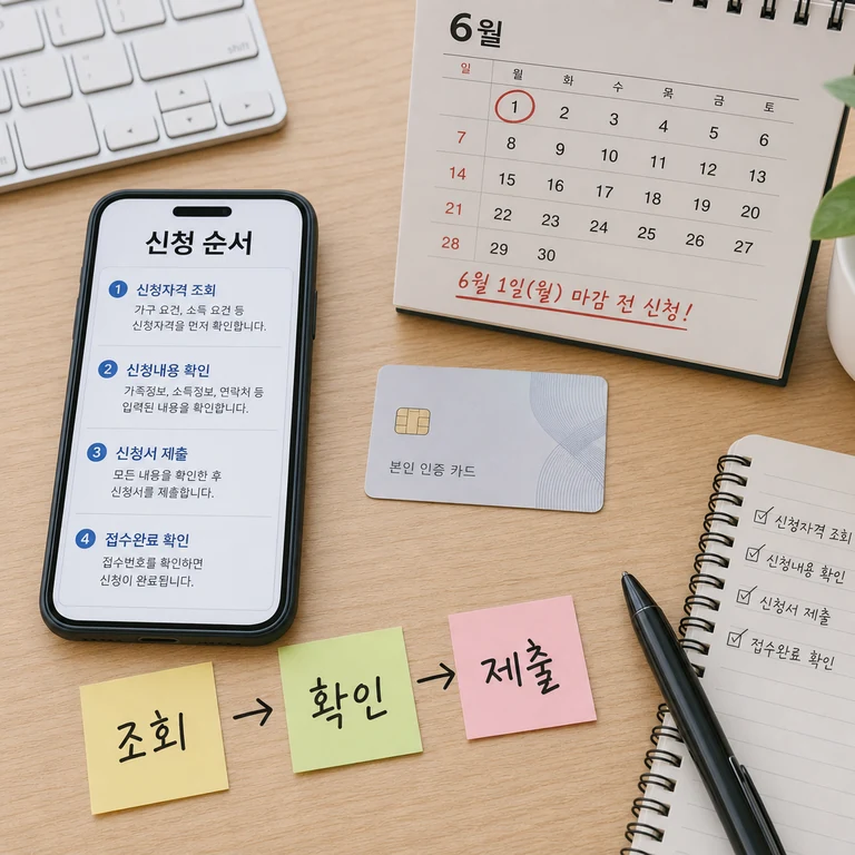 근로장려금 신청 순서를 스마트폰과 단계 카드로 확인하는 이미지