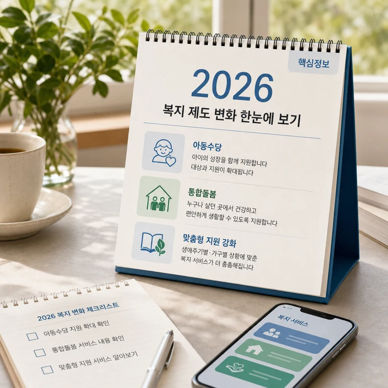 2026년 복지 변화 핵심 정보를 확인하는 달력과 안내 카드 이미지