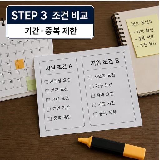 소상공인 출산 육아 지원사업 기간과 중복 제한 조건 비교 이미지