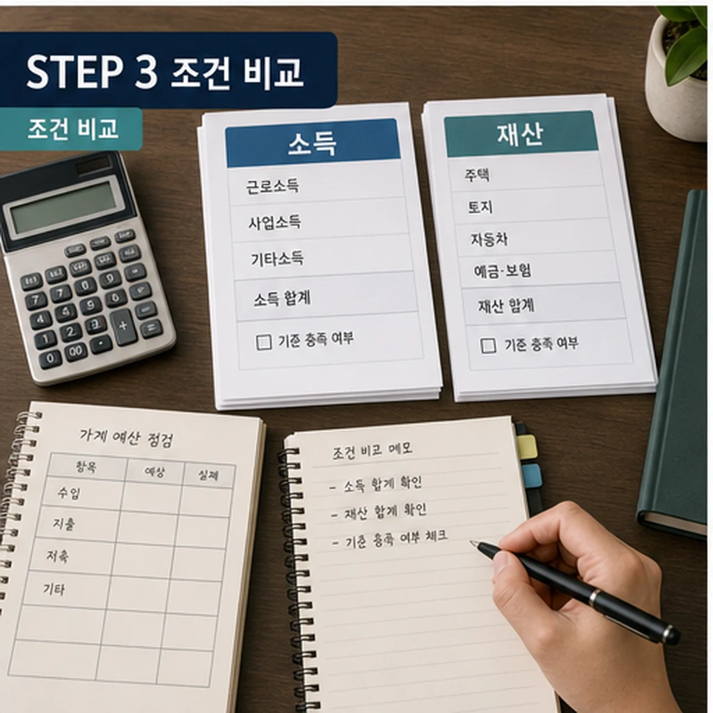 근로 자녀장려금 소득 재산 기준 조건 비교를 설명하는 본문 이미지