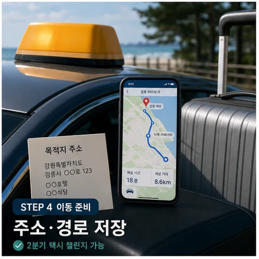 강릉 여행 택시 이동 전 목적지 주소와 경로를 저장하는 이미지