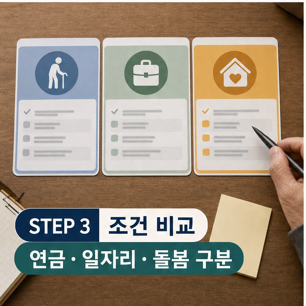 기초연금 노인일자리 돌봄 조건 비교 이미지