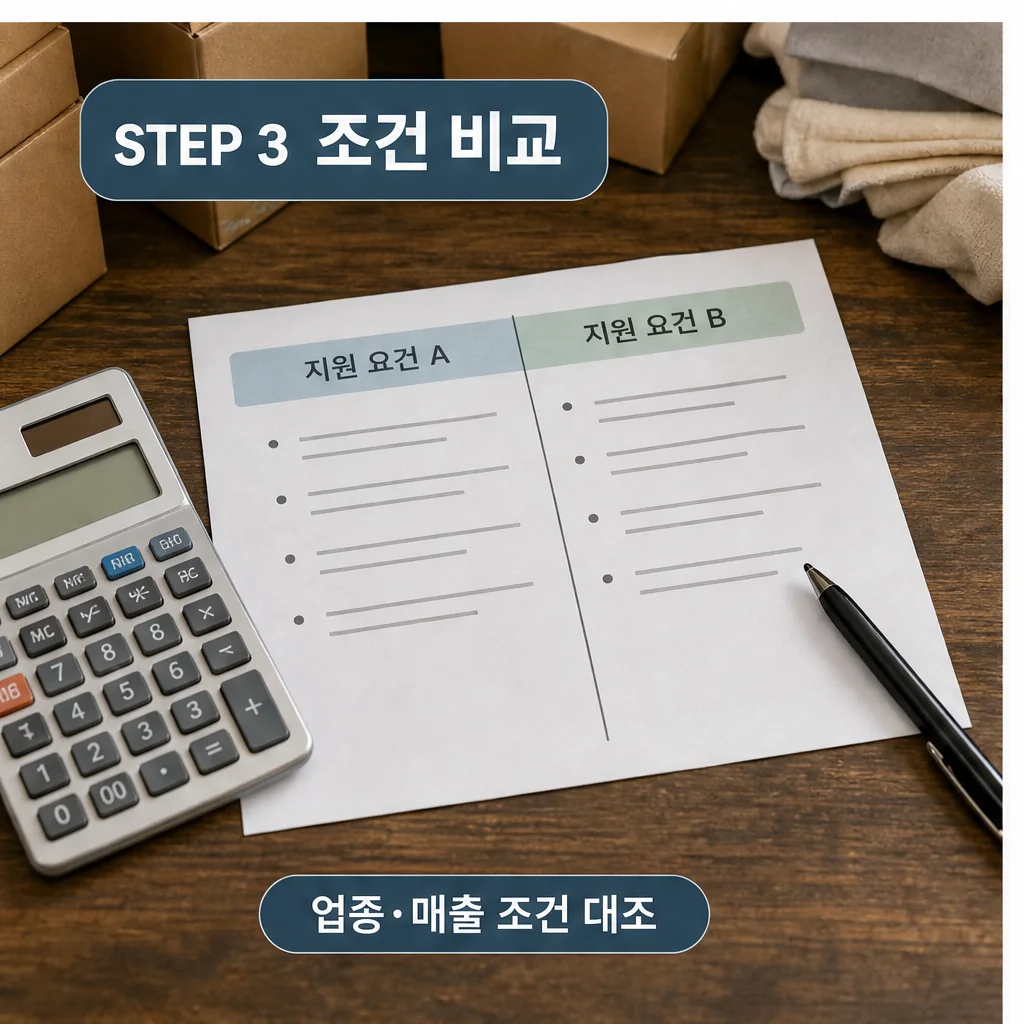 소상공인 지원 조건 비교와 업종 매출 조건 대조 이미지