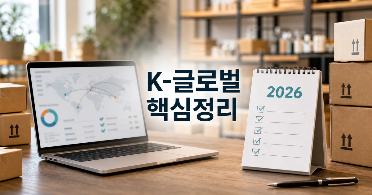 K-글로벌 수출 리더기업 핵심정리를 보여주는 수출 상자와 체크리스트 대표 이미지