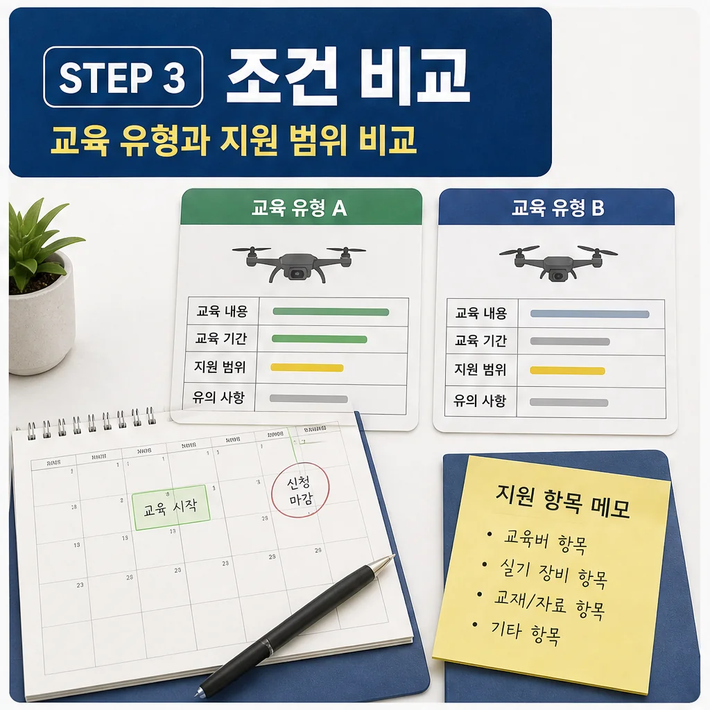 TS, 드론 임무특화교육 본격 운영…교육비 지원 확대 대상·확인 방법 본문 이미지 3 - 조건 비교