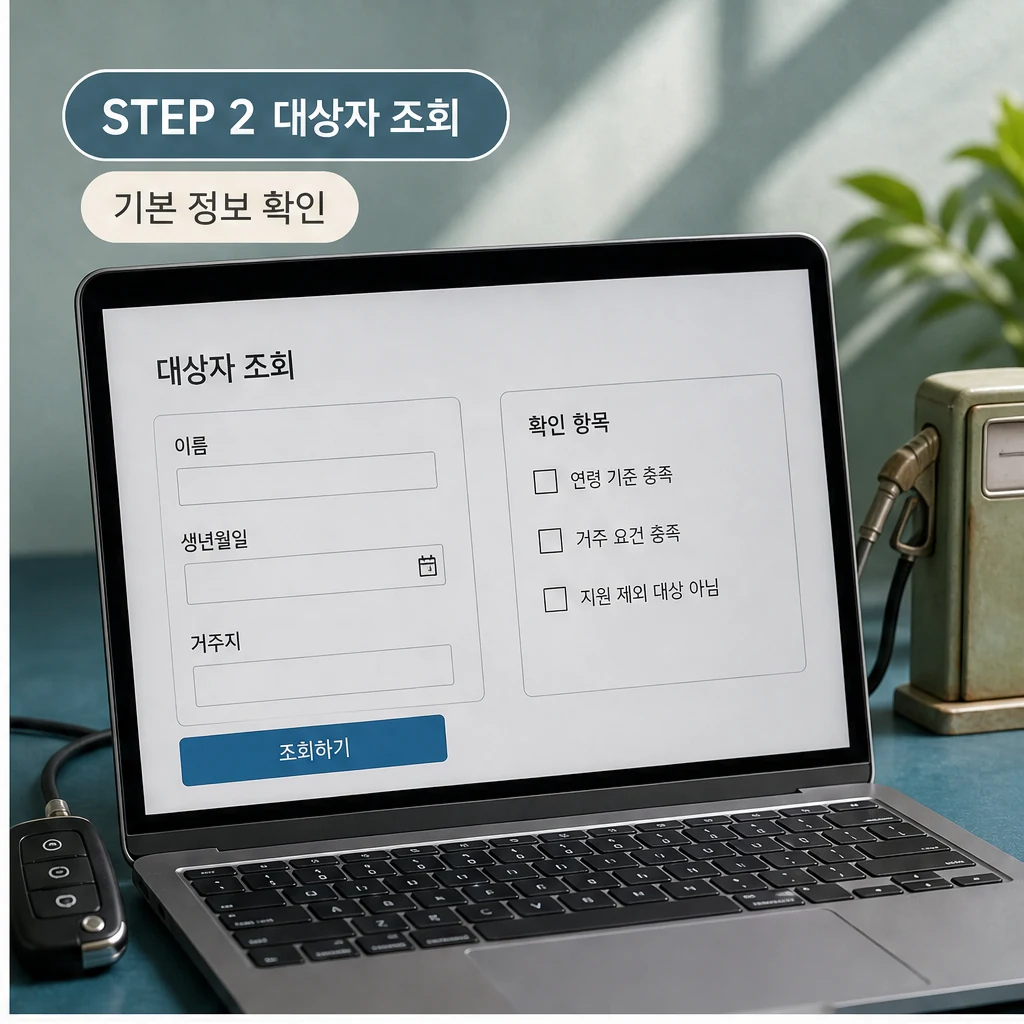 유류지원금 대상자 조회와 기본 정보 확인 절차를 보여주는 본문 이미지