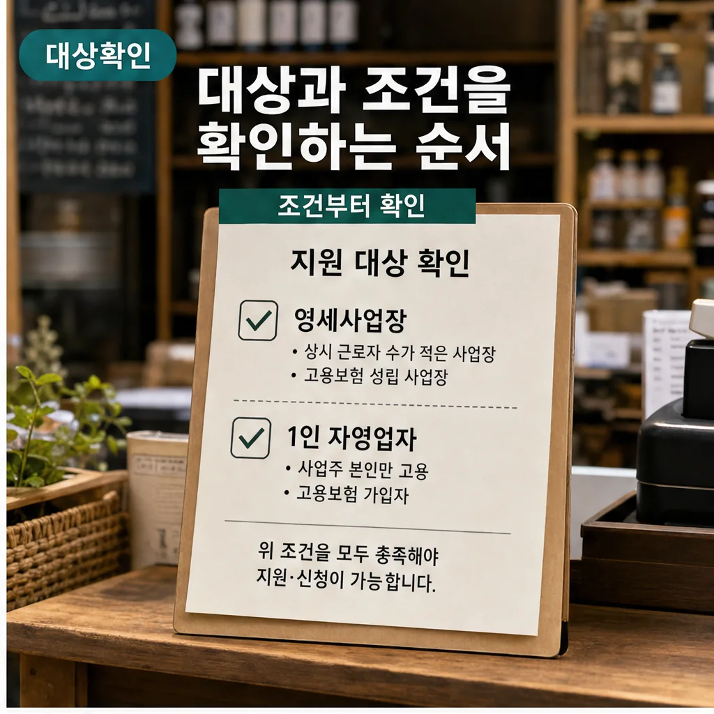 영세사업장과 1인 자영업자 사회보험료 지원 대상 확인을 보여주는 본문 이미지