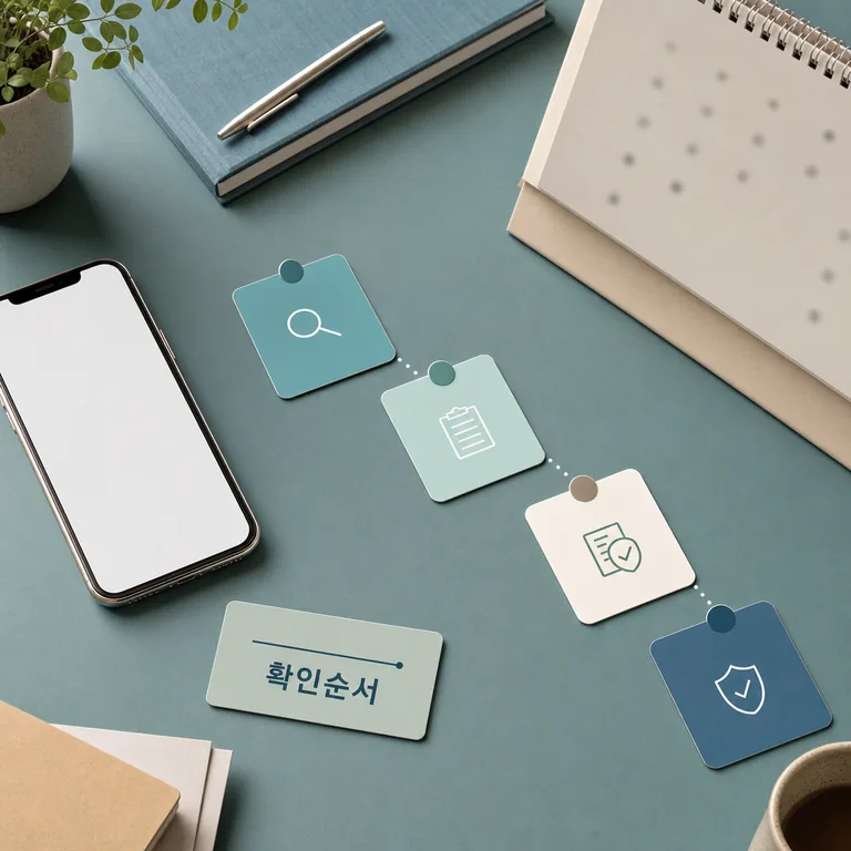 확인순서를 보여주는 휴대폰과 단계 카드 이미지