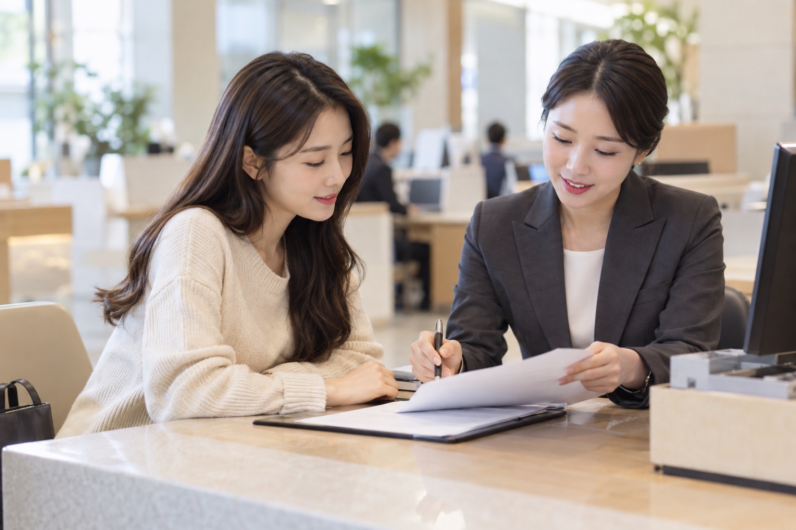 은행 상담 창구에서 청년전세대출 자격 조건을 확인하는 모습