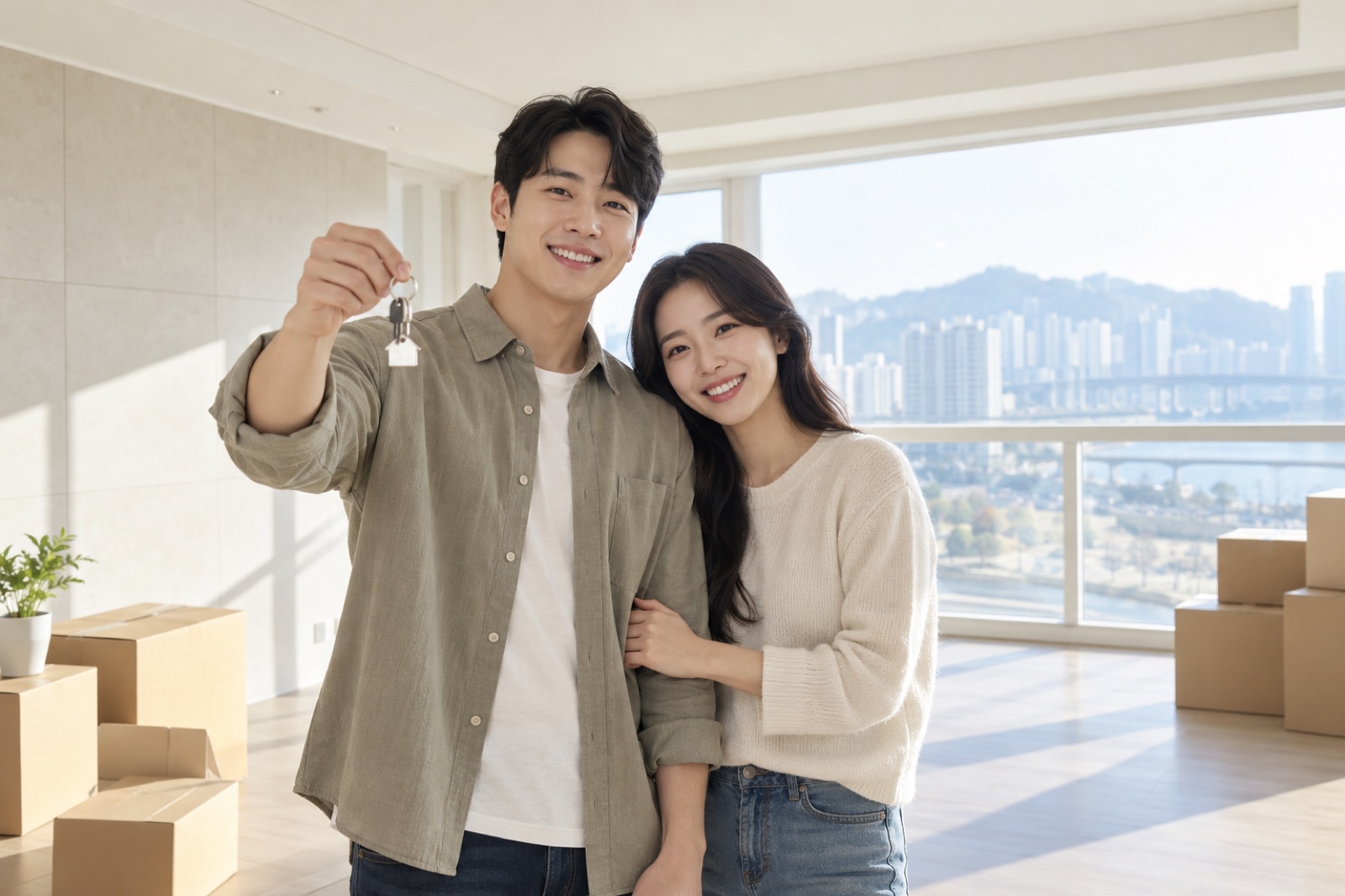 새 집 열쇠를 들고 있는 30대 부부