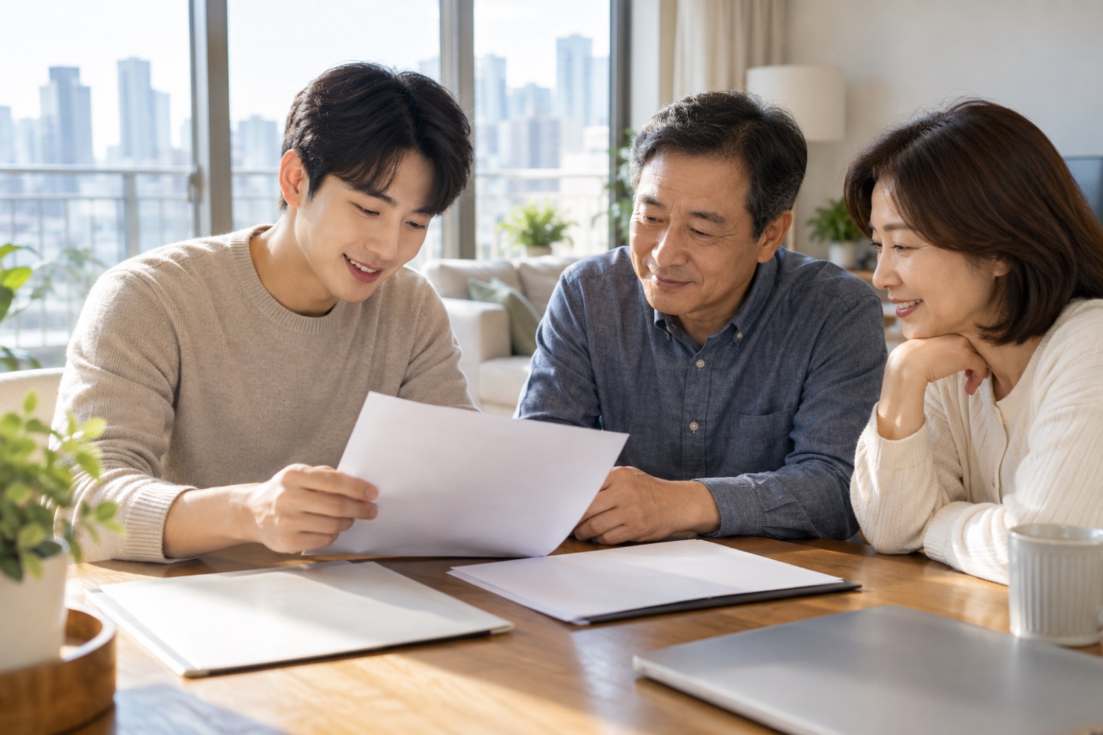 청년이 가족과 임대차 서류를 확인하는 모습