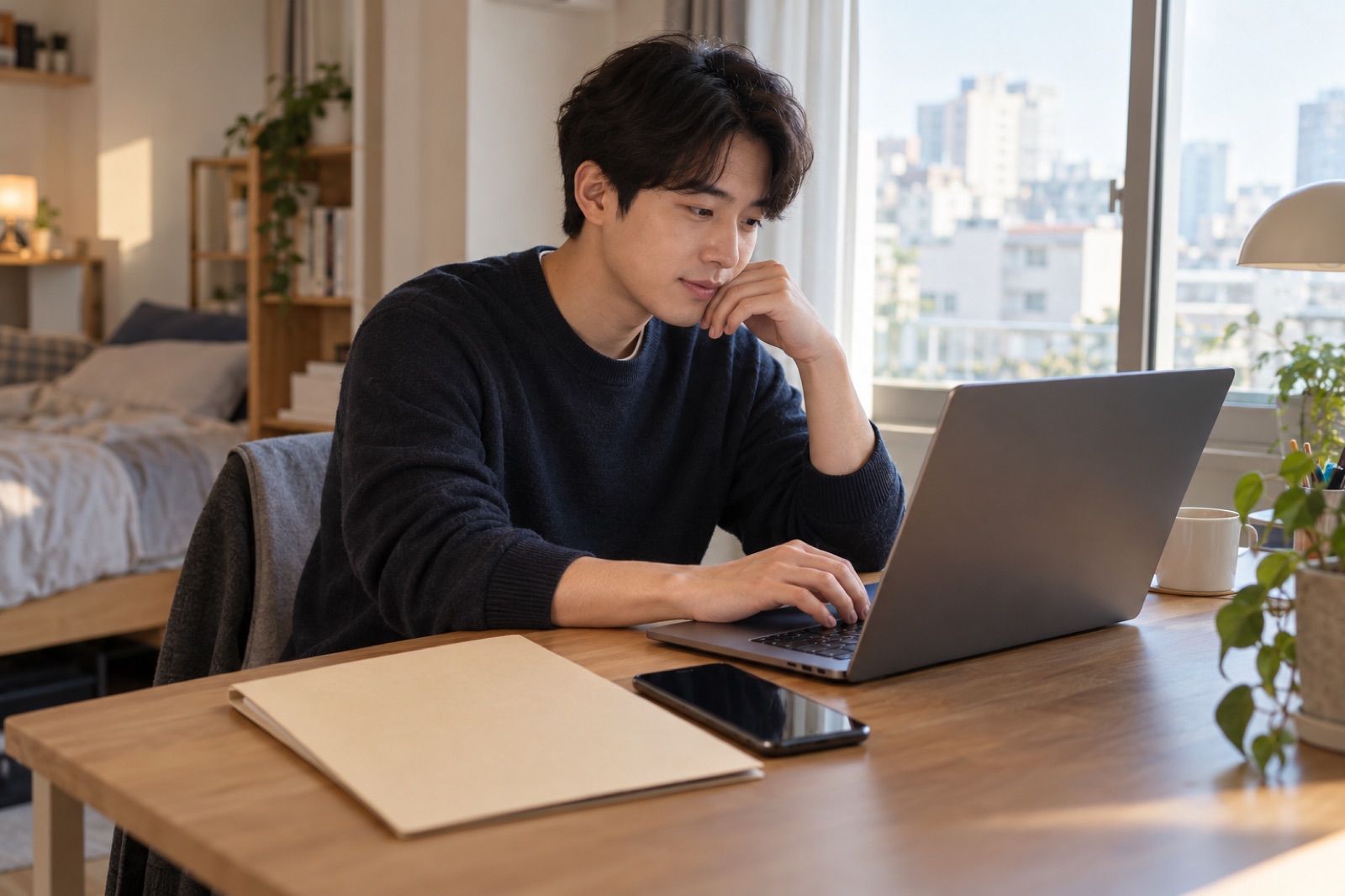 청년이 집에서 온라인 대출 신청을 준비하는 모습