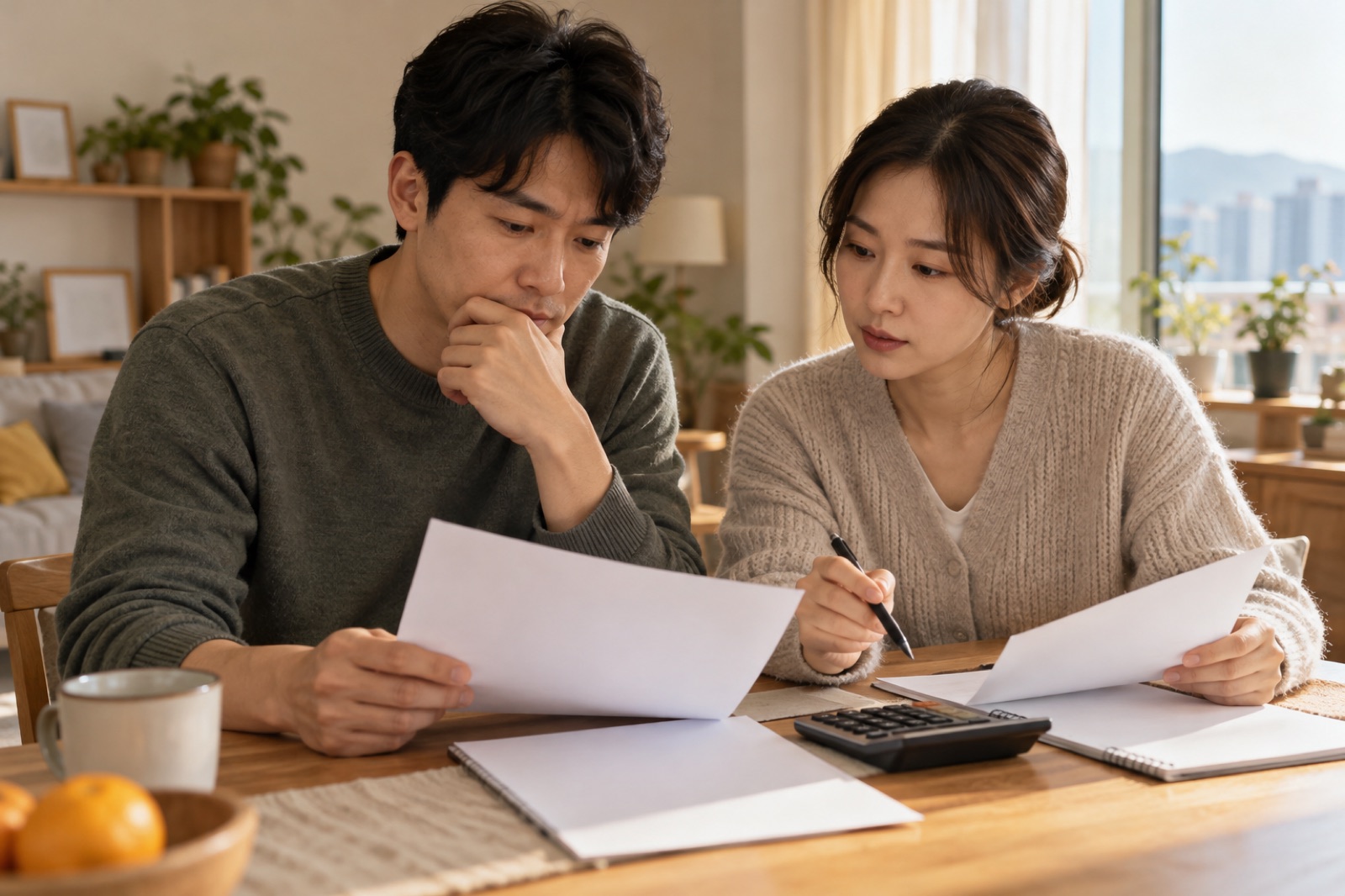 가정에서 소득과 재산 자료를 살펴보는 주민
