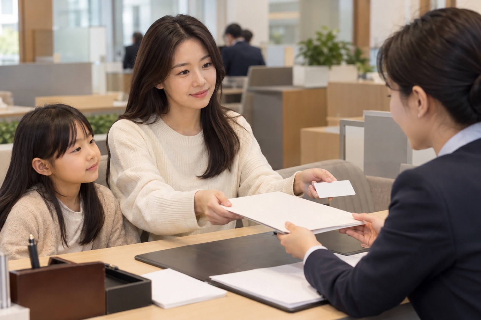 은행 상담창구에서 대출서류를 제출하는 보호자와 아이
