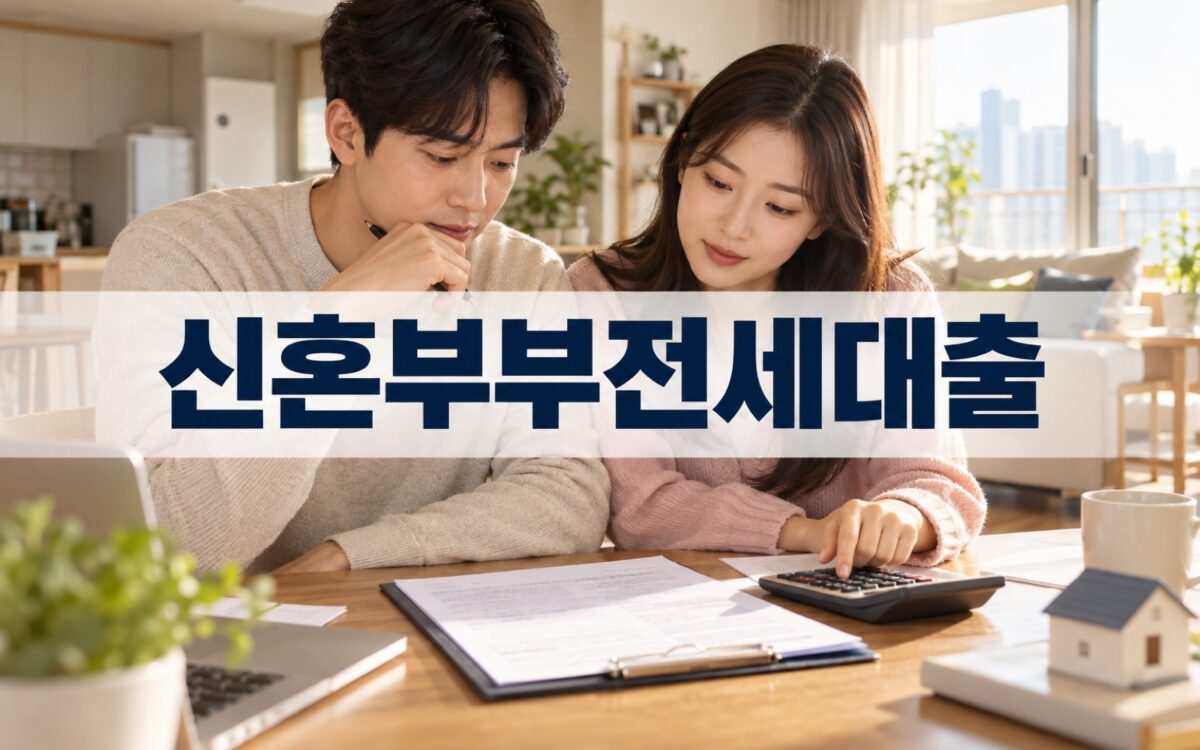 한국인 신혼부부가 전세계약 서류와 계산기를 살펴보며 신혼부부 전세대출을 알아보는 사진