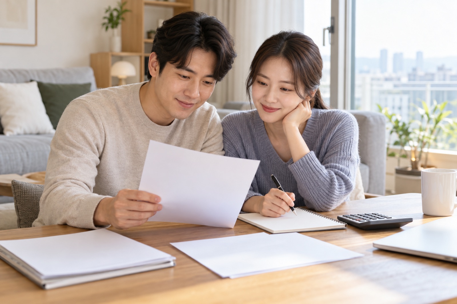 한국인 신혼부부가 집에서 소득 서류와 체크리스트를 확인하는 사진
