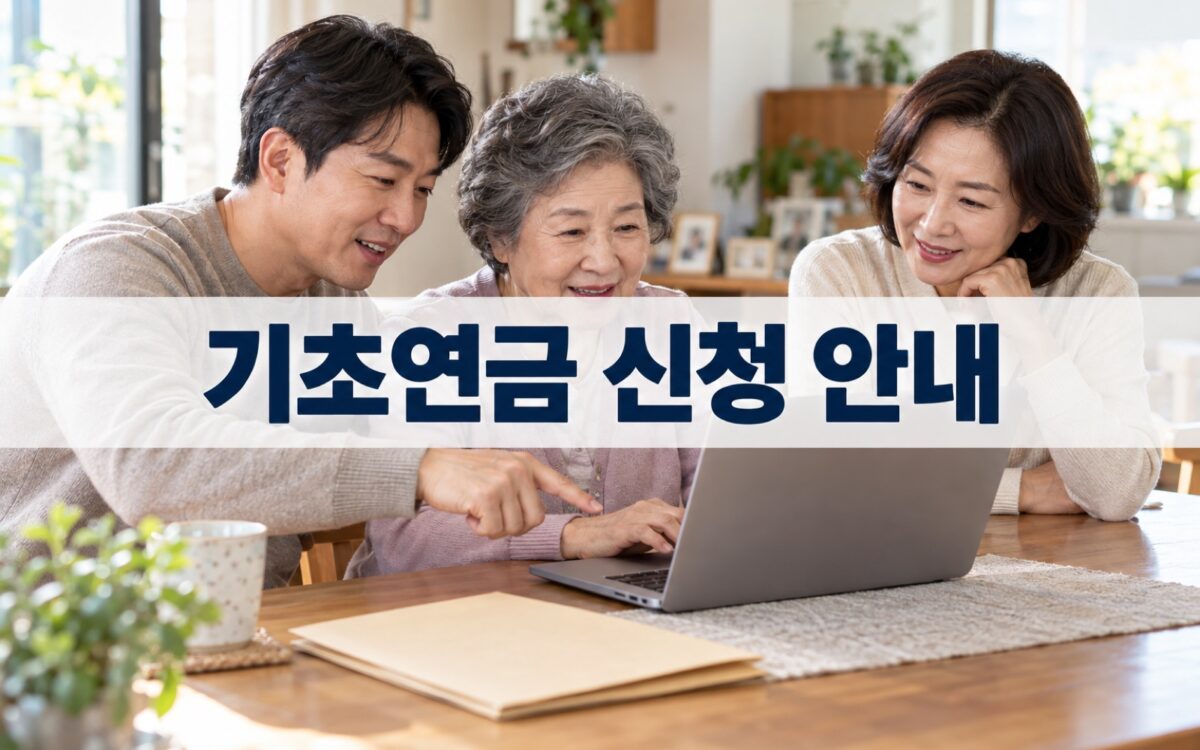 가족과 함께 노트북으로 기초연금 온라인 신청을 확인하는 모습