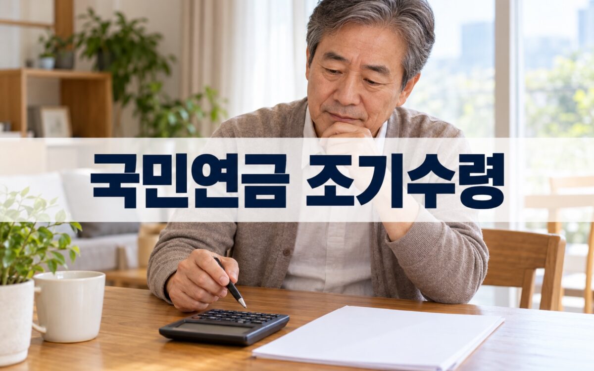 국민연금 조기수령 시기를 고민하는 60대 남성이 계산기와 서류를 살펴보는 모습