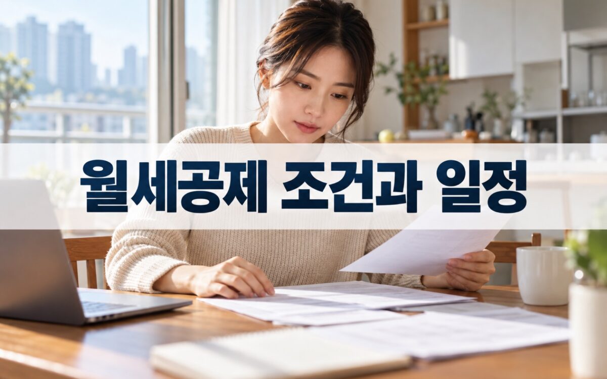 식탁에서 임대차 서류를 확인하는 세입자와 월세 공제 안내 문구