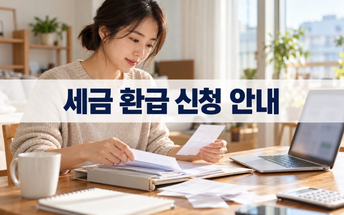 노트북과 서류를 보며 세금 환급 신청을 준비하는 직장인