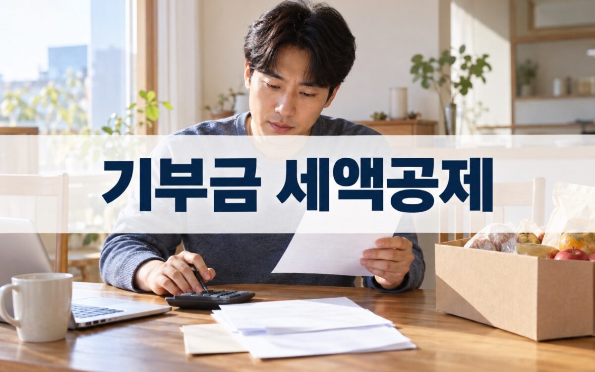 기부금 세액공제를 확인하는 직장인과 기부 영수증