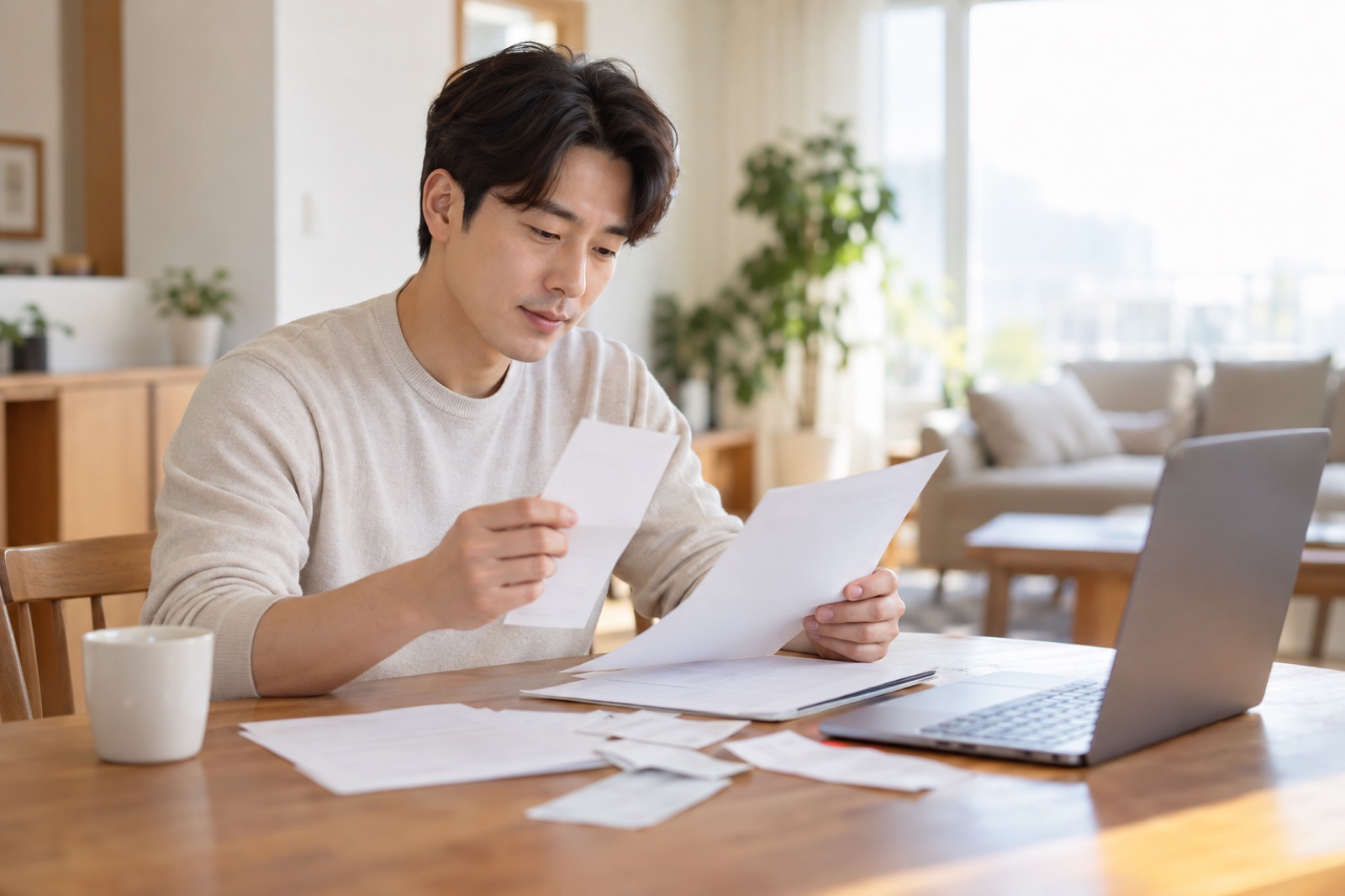 기부 영수증과 공제 자료를 확인하는 직장인