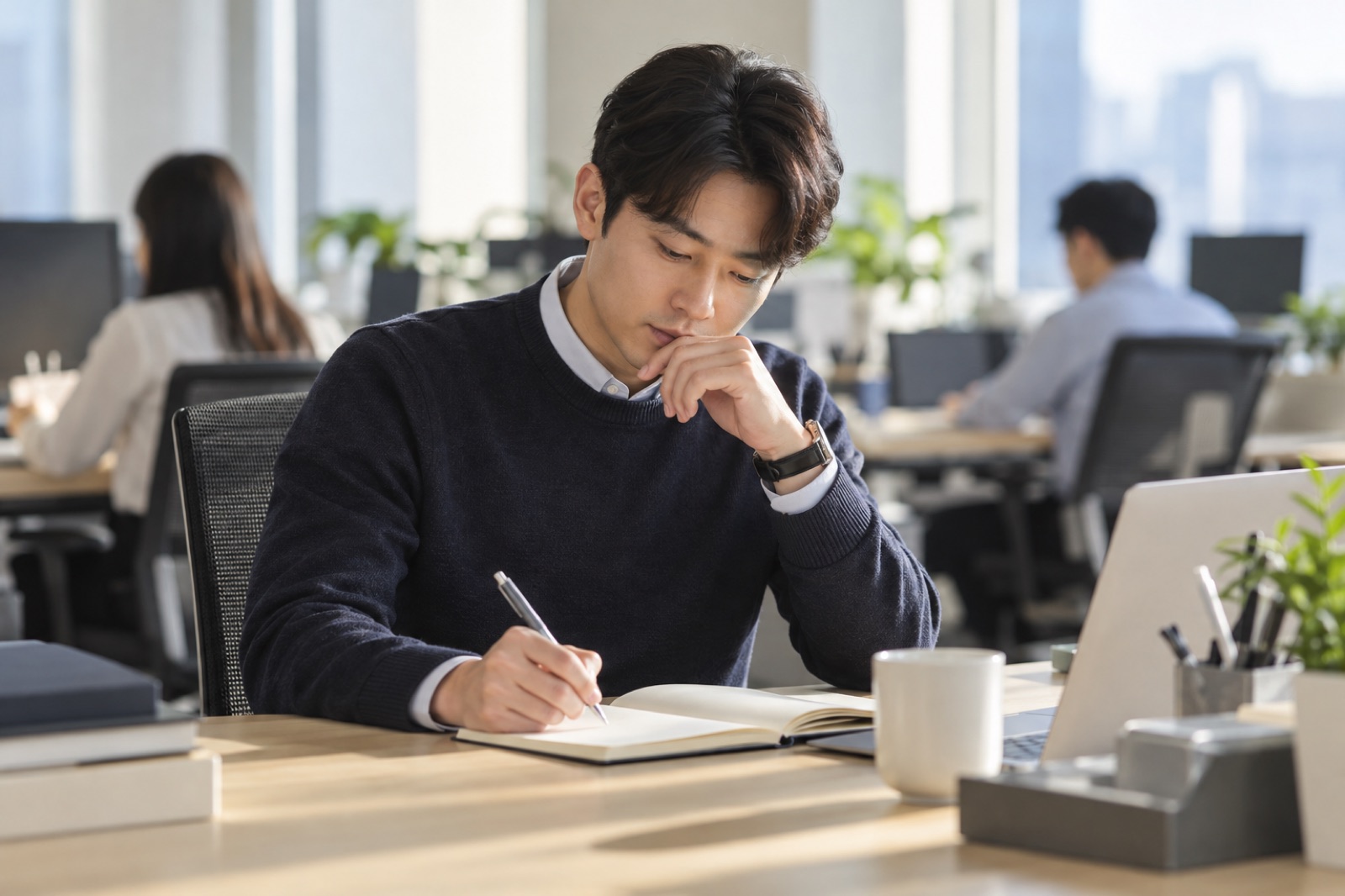 사무실에서 노트에 기록하며 차분히 생각에 잠긴 직장인의 모습