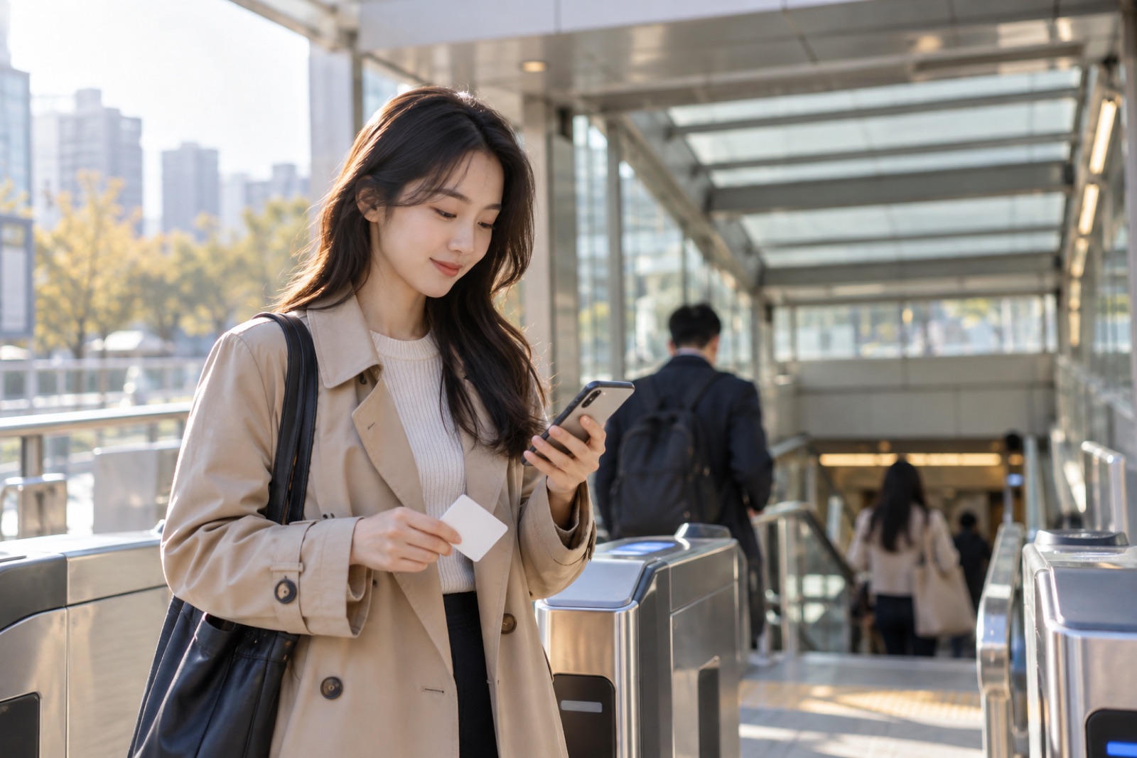 지하철역에서 스마트폰과 교통카드를 확인하는 이용자