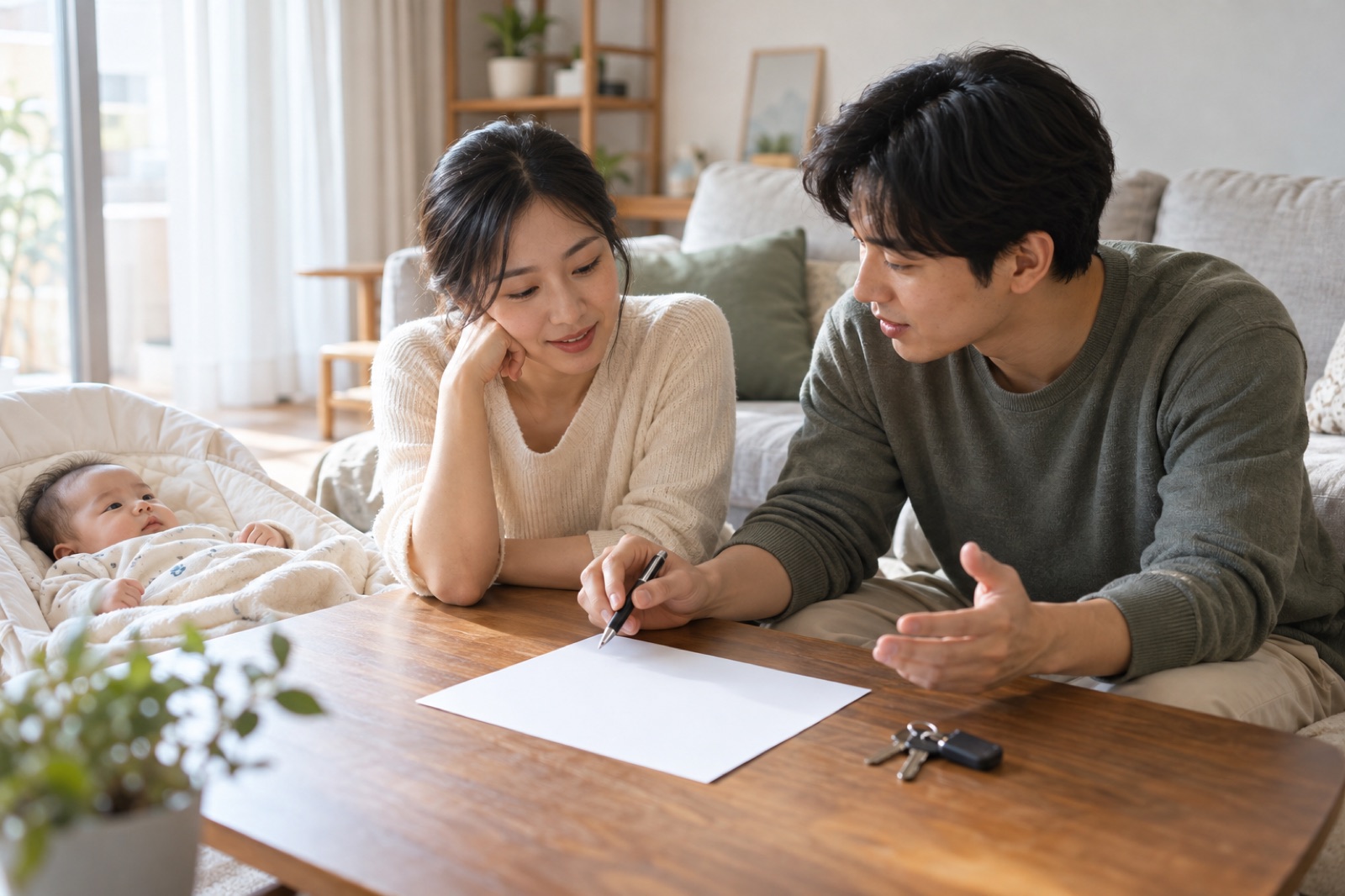 아기와 함께 주거계획 서류를 살펴보는 부부