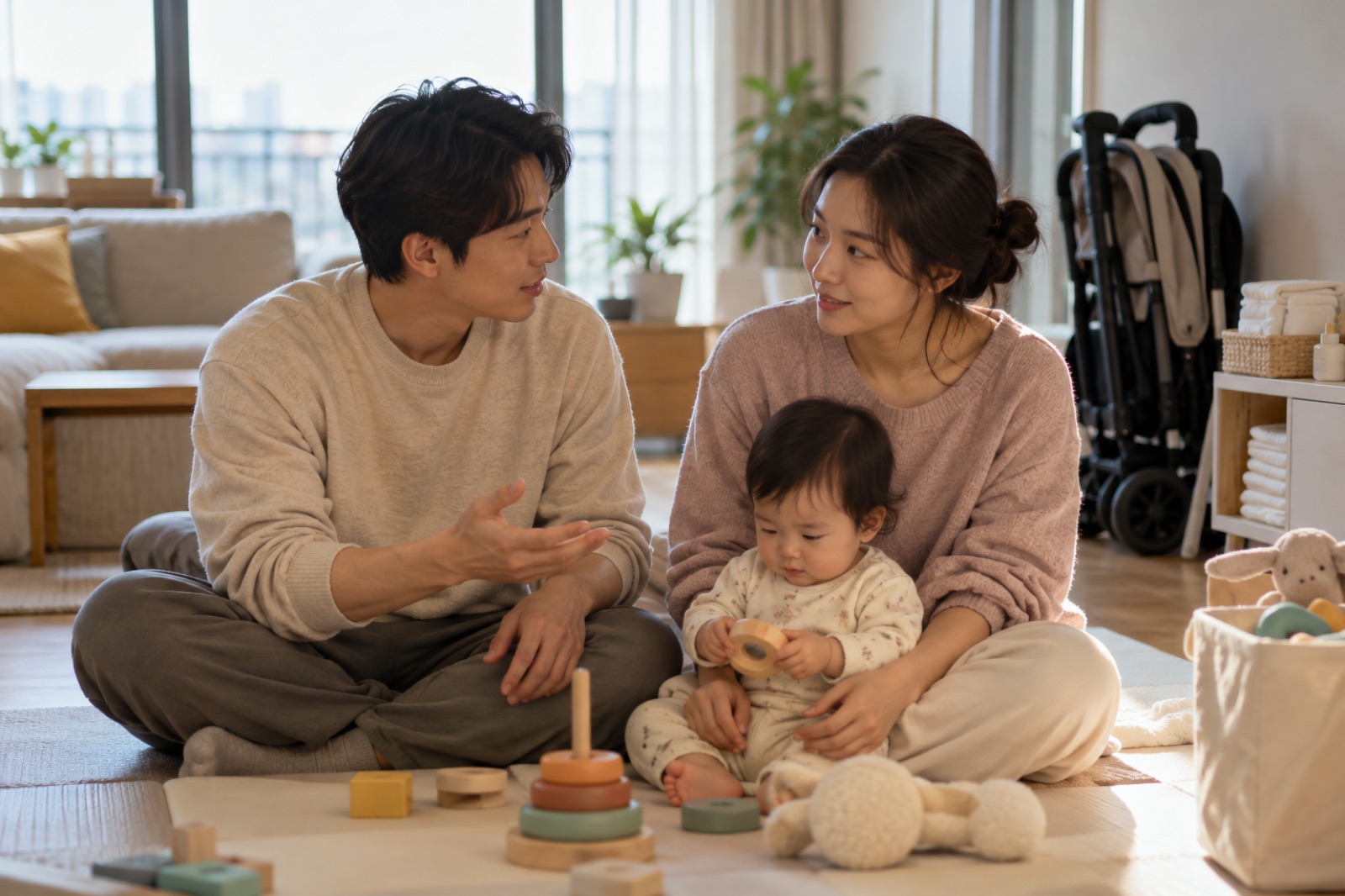 가정에서 영아를 돌보며 부모급여를 확인하는 가족