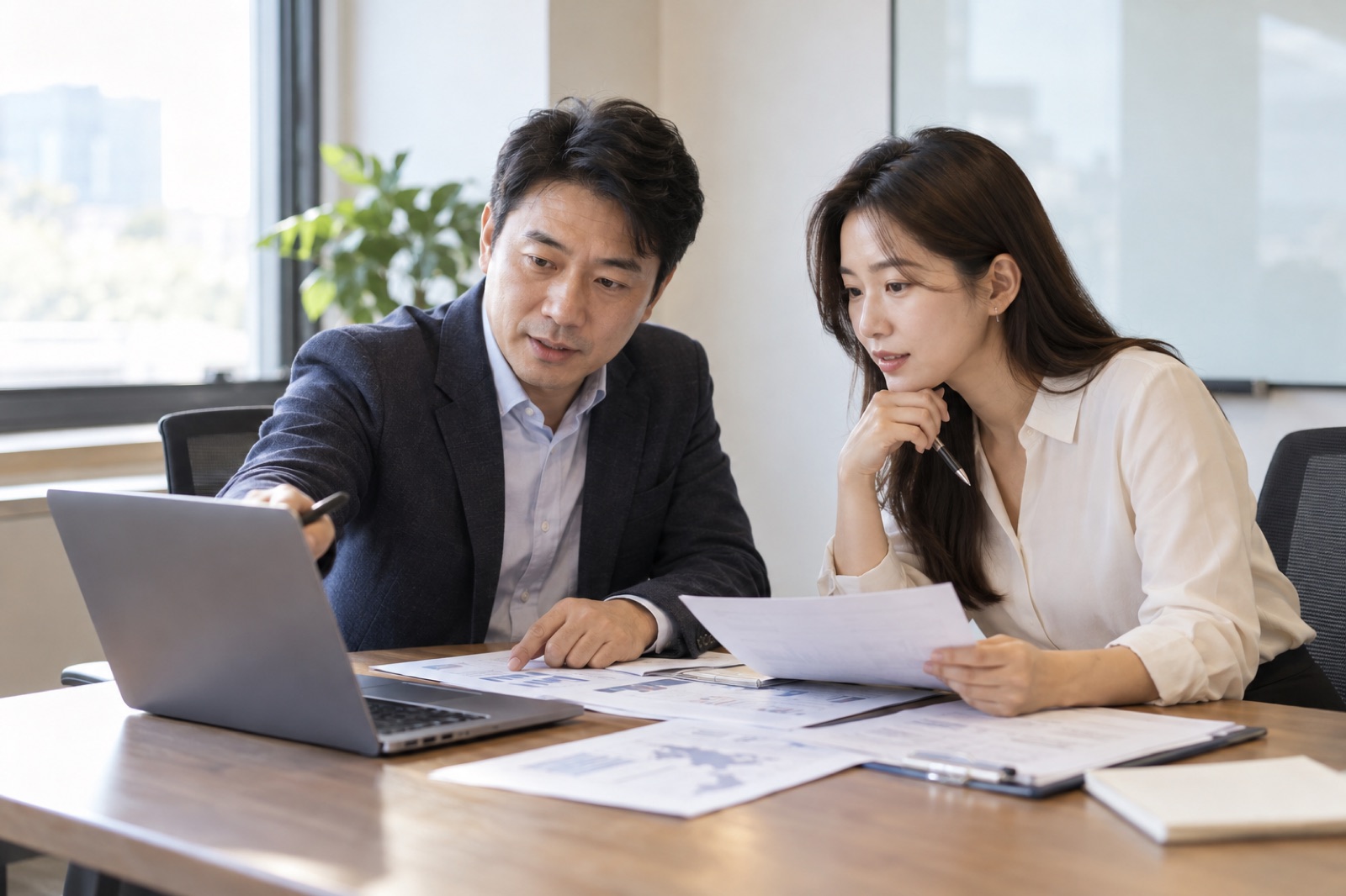 회의실에서 노트북과 서류로 수출 일정을 검토하는 중소기업 관계자들